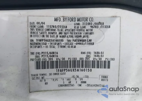 2005 Ford Taurus Sel z USA, uszkodzony, nr VIN 1FAFP56UX5A160150